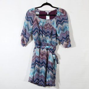 Speechless Long Sleeve Blue Purple Wine Chevron Stripe Dress Tie Belt Size Small